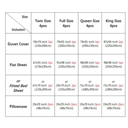 Detailed sizing chart for decorbites™ luxurious silk solid color bedding set pcs duvet cover flat sheet and pillowcases