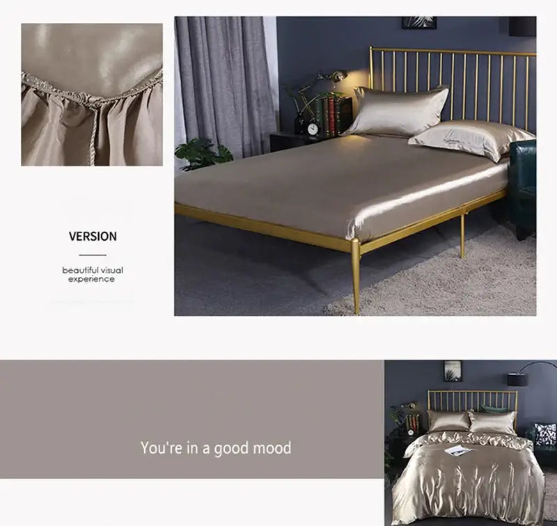 Decorbites luxurious silk bedding set in shiny metallic gold satin with matching bed sheet and pcs duvet cover options