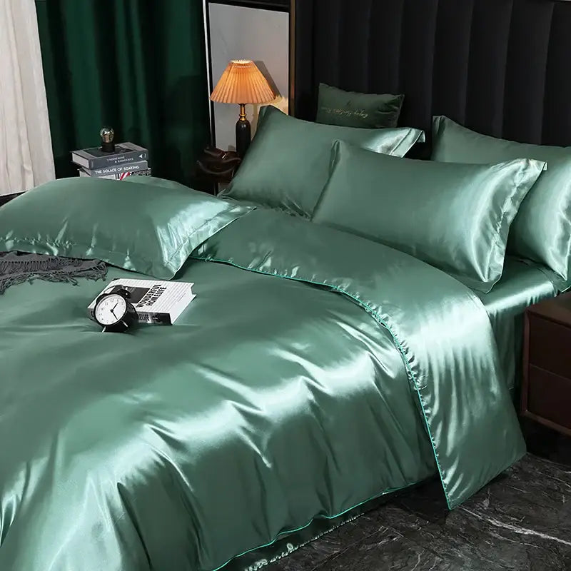 Lustrous emerald green satin pcs duvet cover set by DecorBites™ featuring quilted duvet cover and matching pillows