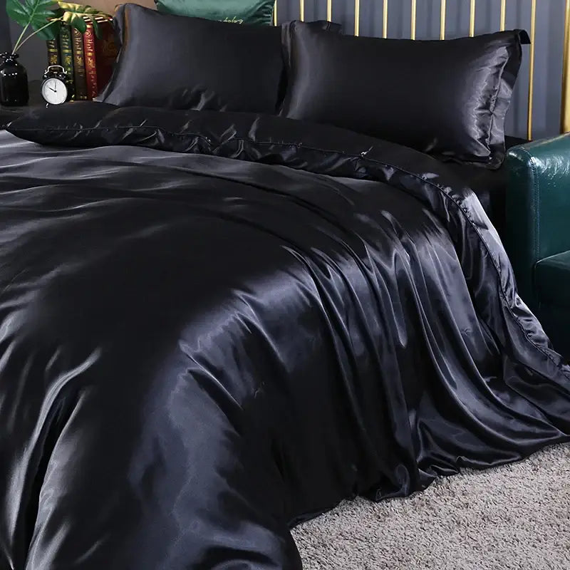 Decorbites™ luxurious silk bedding set black satin duvet cover with matching pcs duvet cover and pcs bed sheet smooth finish