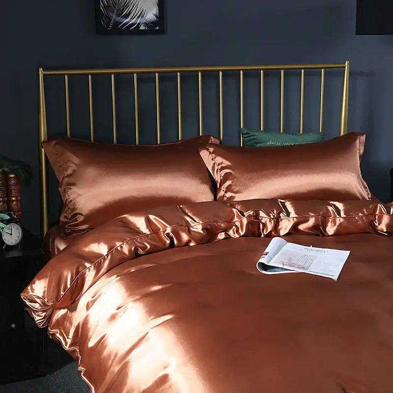 Decorbites™ luxurious silk copper satin duvet cover pcs bed sheet set with a glossy reflective finish in various sizes