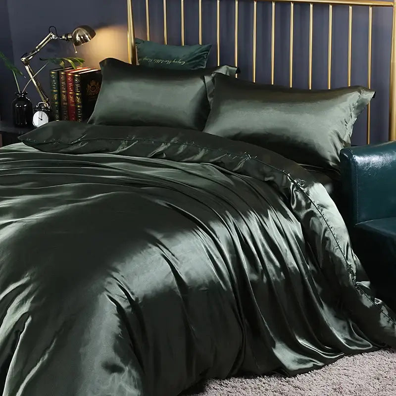 Dark green satin duvet cover from DecorBites™ luxurious silk bedding set with smooth texture and elegant draping pcs duvet cover