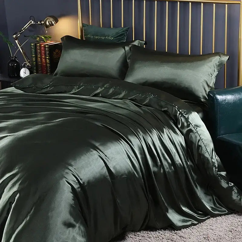 Deep emerald satin duvet cover set with matching pillowcases featuring luxurious sheen in decorbites pcs duvet cover collection