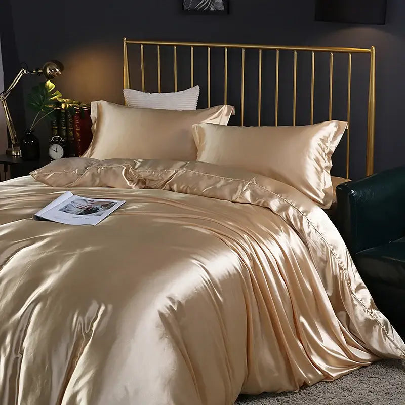 Glossyb gold satin duvet cover set with matching pillowcases from DecorBites™ luxurious silk bedding set in various sizes