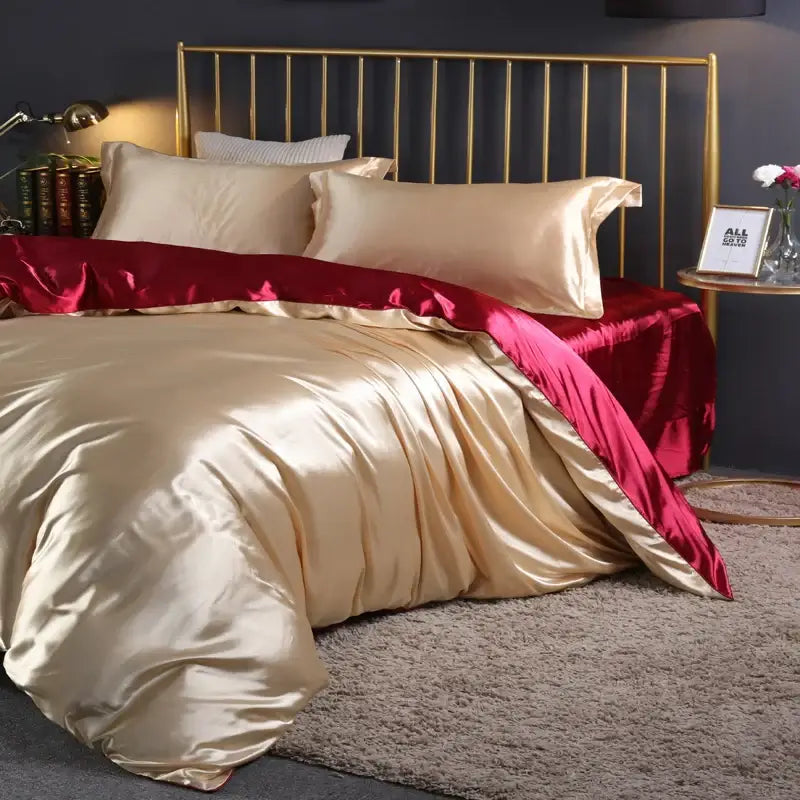 DecorBites™ luxurious gold and burgundy satin pcs duvet cover set with sleek reflective finish in variety of sizes