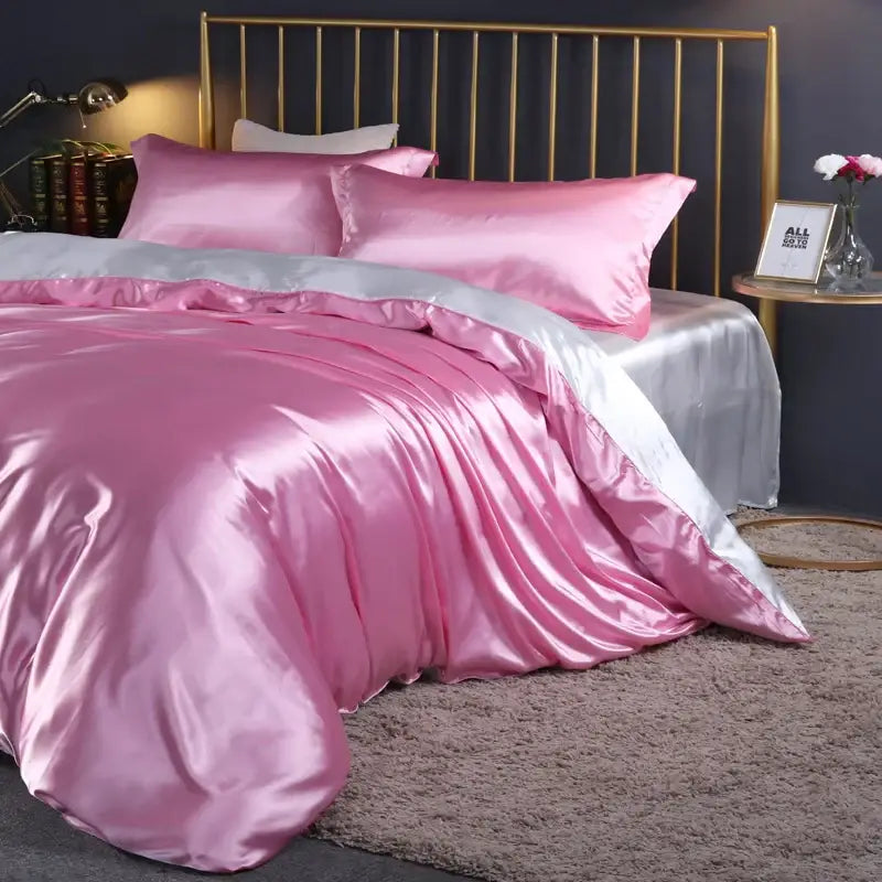 Pink satin duvet cover set with silver trim from decorbites luxurious silk bedding set pcs duvet cover available in various sizes