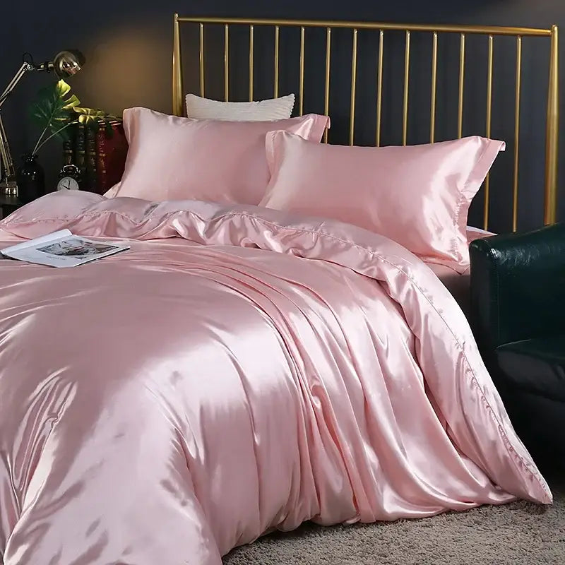 Pink satin duvet cover and matching pcs bed sheet with glossy finish from DecorBites™ luxurious silk bedding set