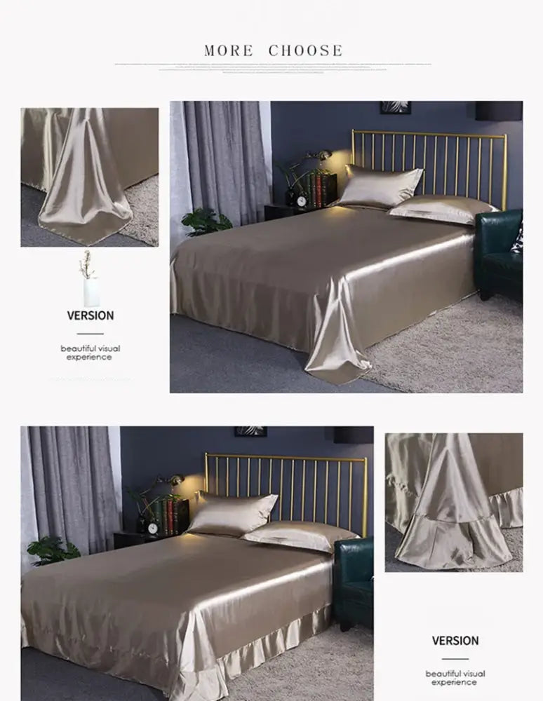 Decorbites™ luxurious silk duvet cover in shiny metallic gold satin with ruffled hem available in pcs bed sheet sets