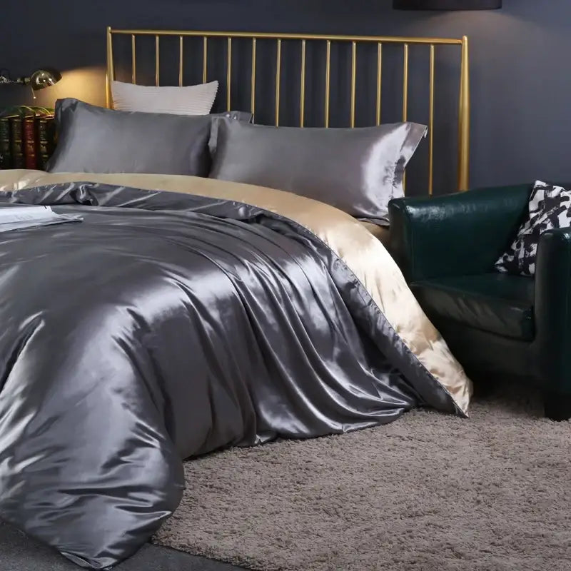 DecorBites™ luxurious silk duvet cover set in silver satin with gold trim includes matching pcs duvet cover and pillowcases