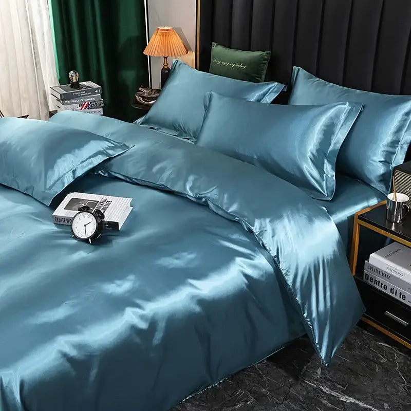 Teal satin decorbites luxurious silk bedding set with glossy finish includes duvet cover and matching pcs bed sheet