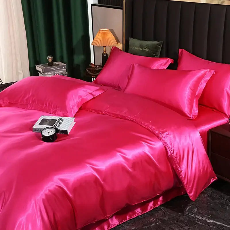 DecorBites™ luxurious silk fuchsia satin duvet cover set with glossy smooth finish pcs duvet cover and bed sheet