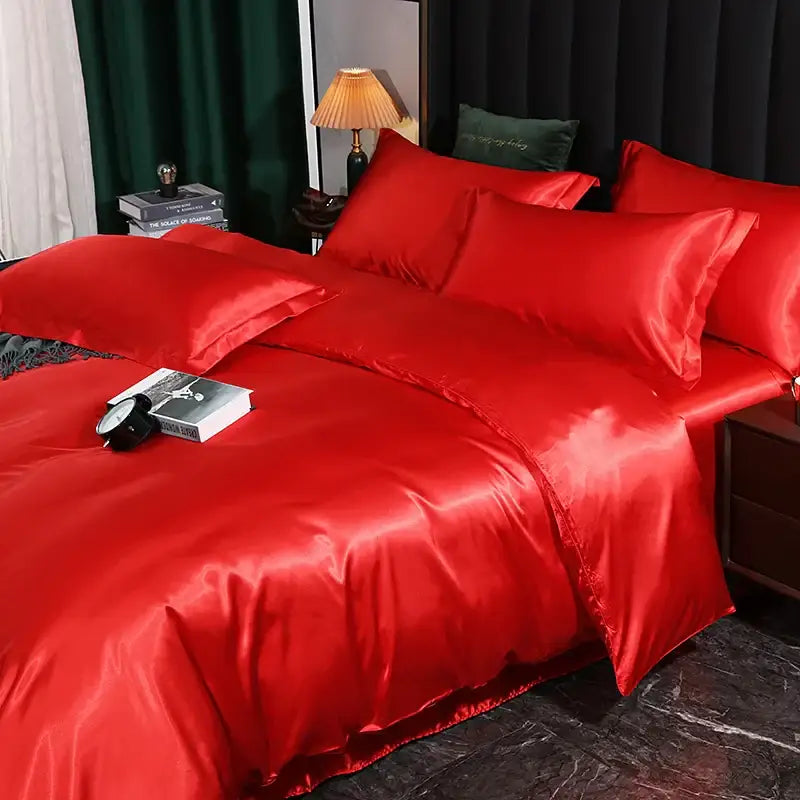 Decorbites™ luxurious silk bedding set in vibrant red satin featuring a glossy smooth finish pcs duvet cover included