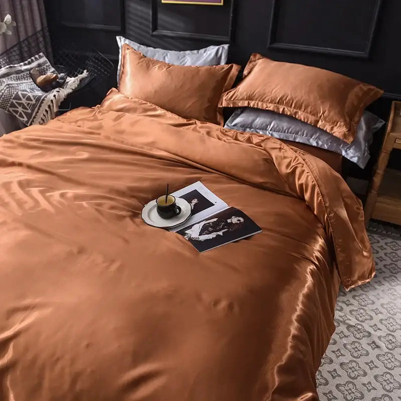 Copper satin silk bedding set with duvet cover and matching pillowcases from decorbites luxurious silk bedding set