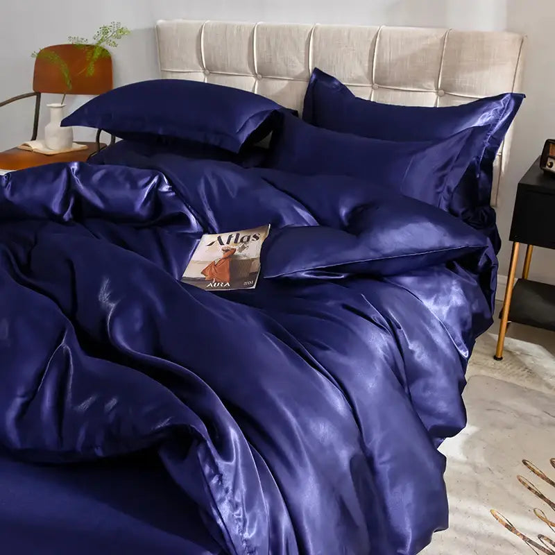 Decorbites™ luxurious silk bedding set in deep navy satin with a glossy finish for elegant silk bedding