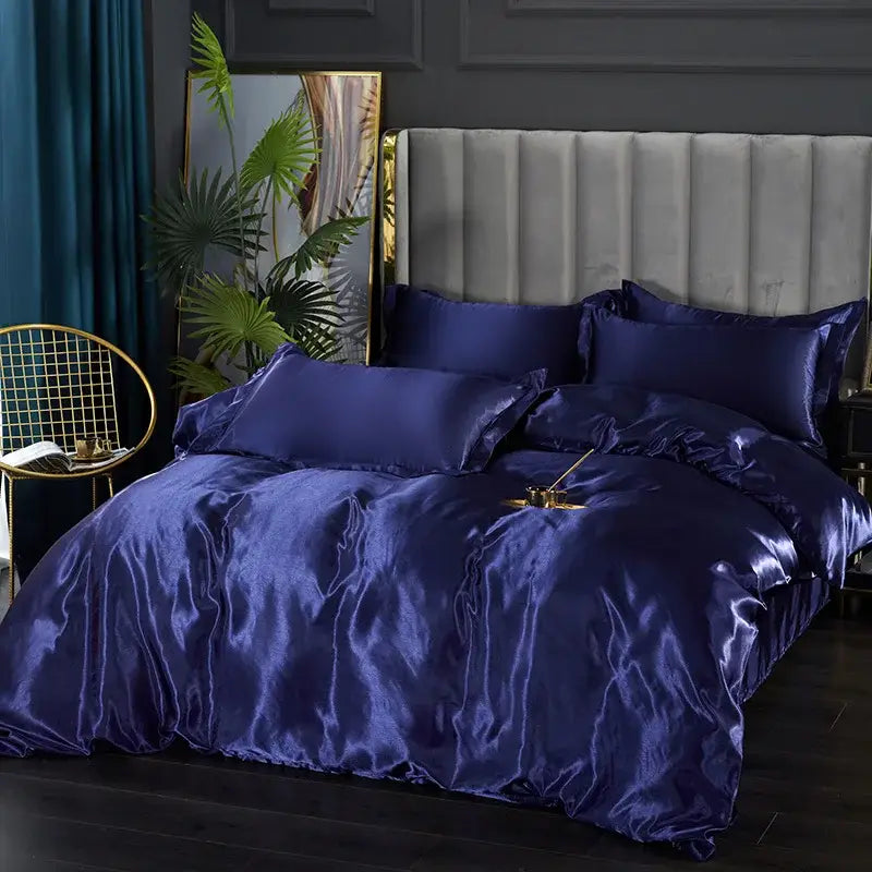Deep navy satin duvet cover set with luxurious sheen and matching pillows by decorbites in various sizes for width bed