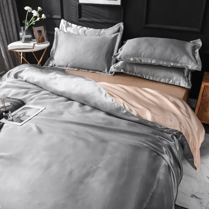 Silk bedding set decorbites™ luxurious silk duvet cover with sleek silver exterior and soft beige satin finish interior