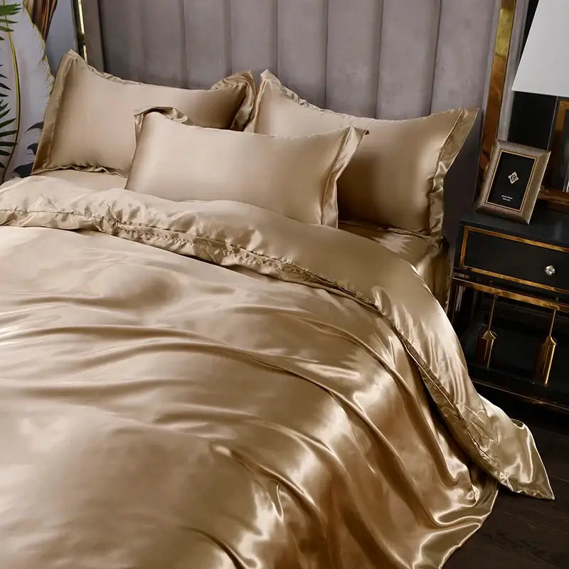 Decorbites™ luxurious silk bedding set featuring gold satin silk bedding with smooth texture and elegant ruffled edges