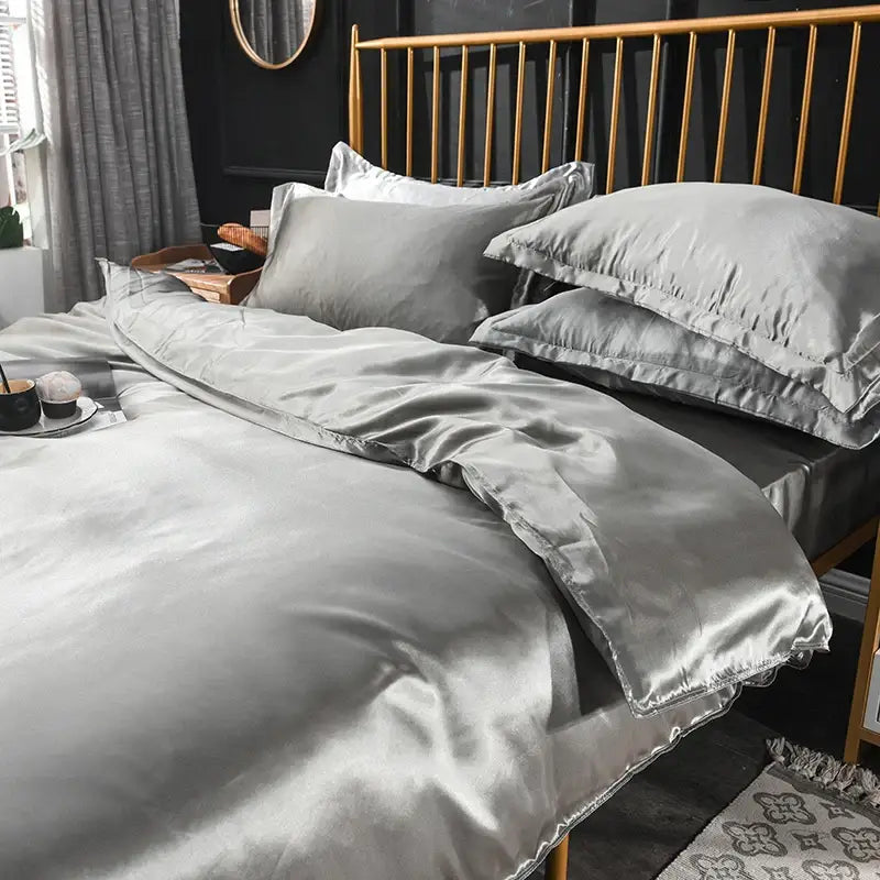 Silk-gray satin silk bedding set with ruffled edges and lustrous finish by decorbites in various sizes