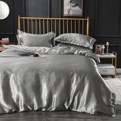 Silk-gray satin duvet cover bedding set by decorbites with smooth lustrous finish and elegant ruffled edges