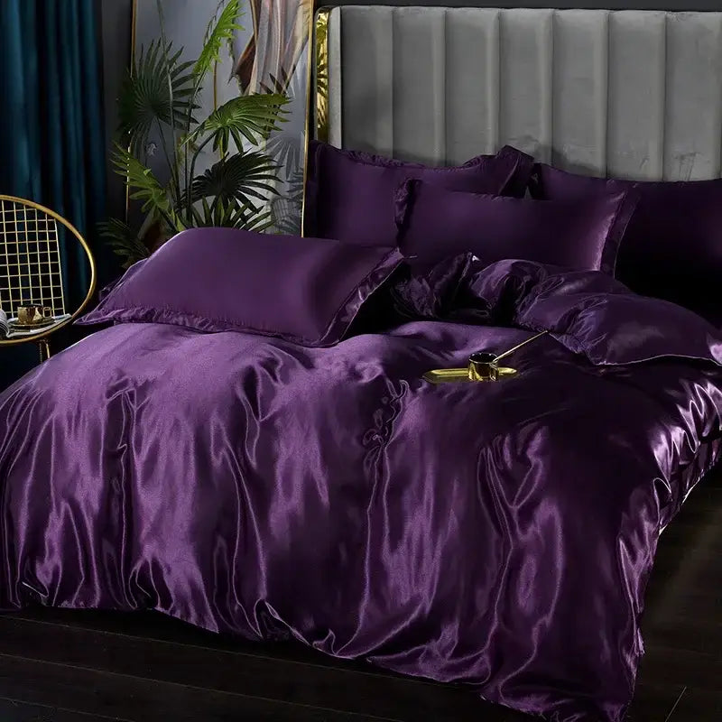 Lustrous deep purple satin decorbites luxurious silk bedding set with pcs duvet cover and plush tufted headboard