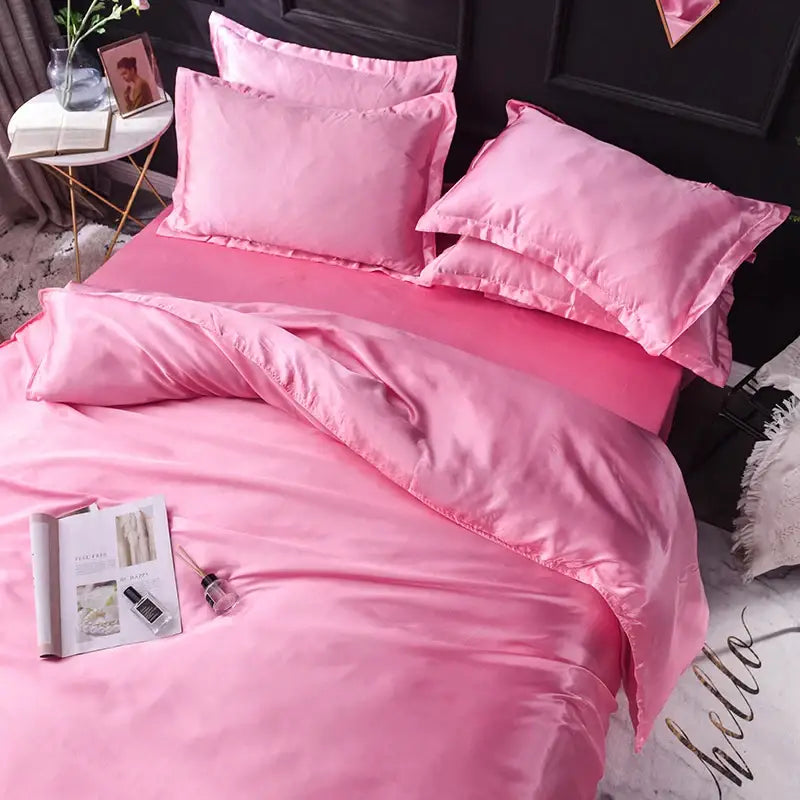 Decorbites™ luxurious pink silk bedding set featuring satin pillows and duvet cover available in various sizes