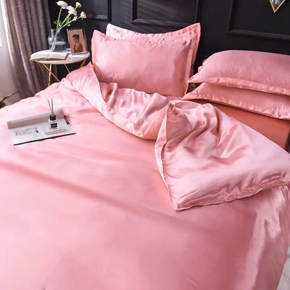 DecorBites Luxurious silk pink satin bedding set with duvet cover and matching pillowcases in smooth glossy finish