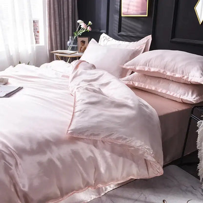 Decorbites™ luxurious silk bedding set with blush pink satin duvet cover and matching pillowcases for elegant bed sheets