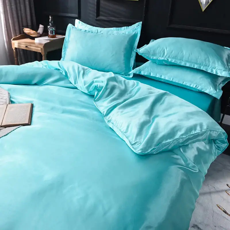 Turquoise silk bedding set from DecorBites™ luxurious silk bedding set with a smooth glossy satin finish