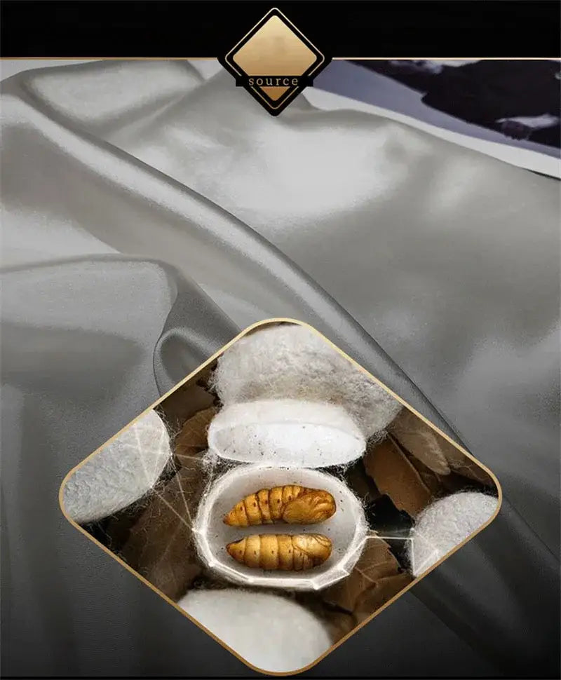 A white ceramic bowl with golden-brown silkworms and silk cocoons showcasing mulberry silk for a bedding set