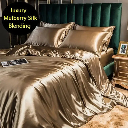 Glossy gold satin duvet cover with luxurious mulberry silk blending in the DecorBites™ silk bedding set