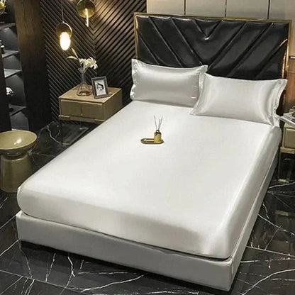 White satin bedding set from DecorBites™ with smooth glossy finish ideal for luxurious silk bedding set or duvet cover