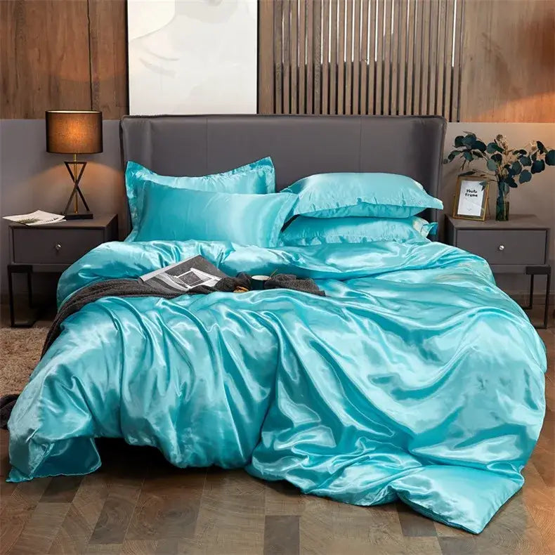 Decorbites™ luxurious solid color turquoise satin bedding set with matching pillows and pcduvet cover for width bed