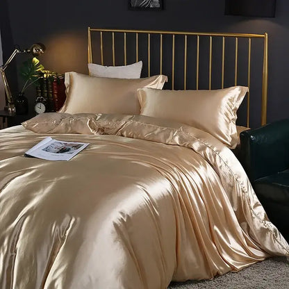 Glossy gold satin duvet cover set with matching pillowcases from DecorBites™ luxurious pcs duvet cover bedding set