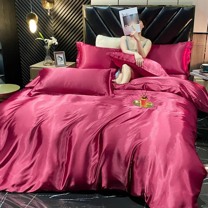 Decorbites™ luxurious solid rayon silk duvet cover set in rich burgundy with glossy finish for width bed use