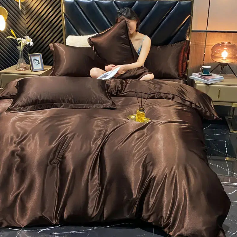 Rich chocolate brown satin duvet cover from decorbites™ luxurious solid rayon silk bedding set with glossy finish