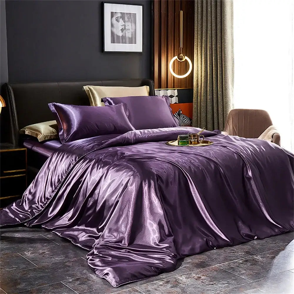 Decorbites™ luxurious solid silk bedding set with lustrous purple pcs duvet cover and matching pillows in multiple sizes