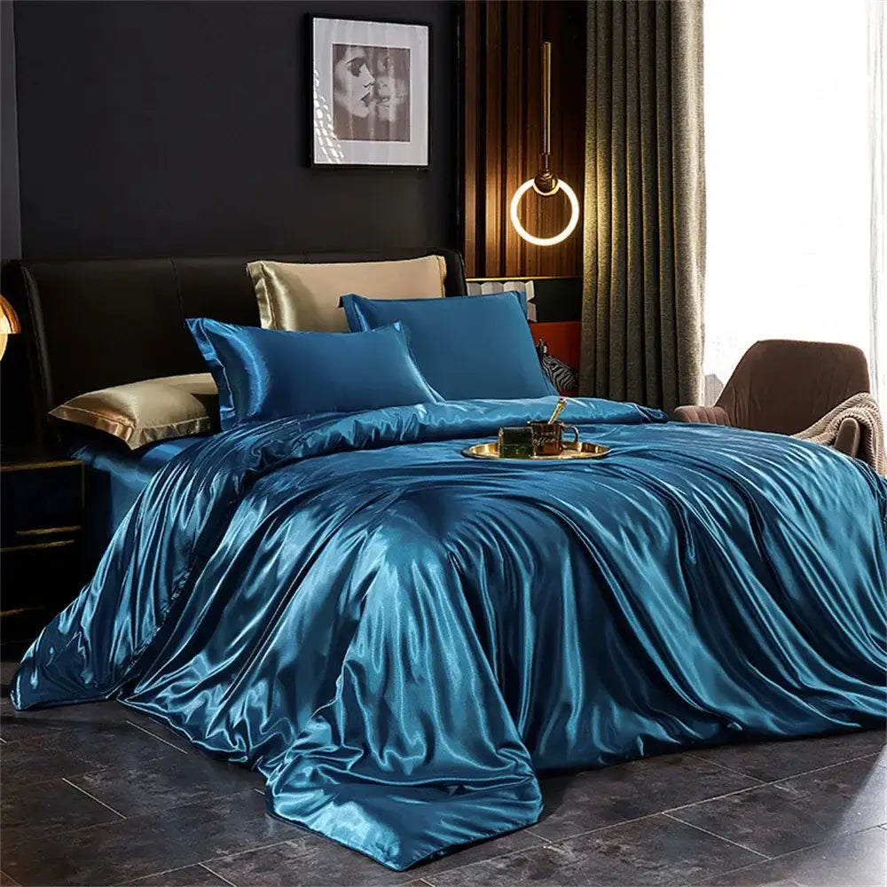 Lustrous teal satin duvet cover set with matching pillowcases and gold-trimmed accent pillows from decorbites pcs duvet cover