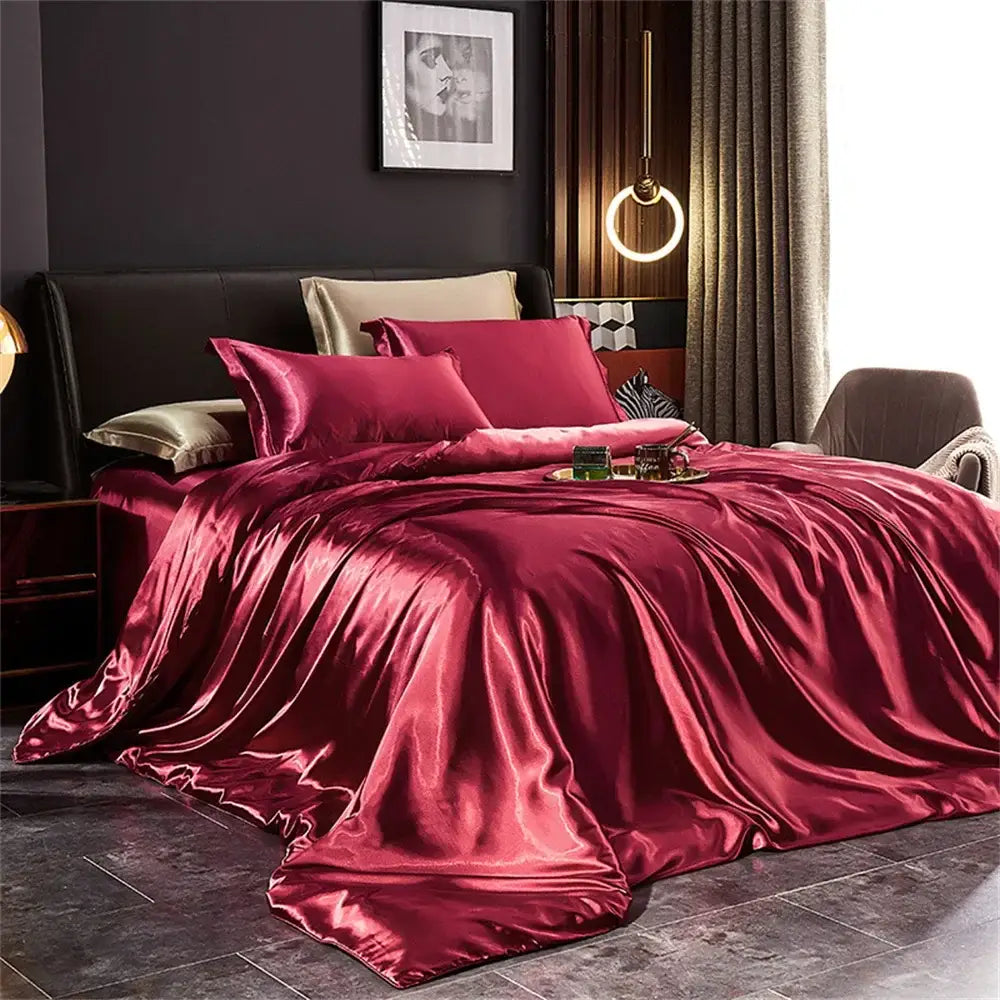 Rich burgundy satin decorbites™ luxurious solid silk pcs duvet cover set with a glossy, luxurious finish