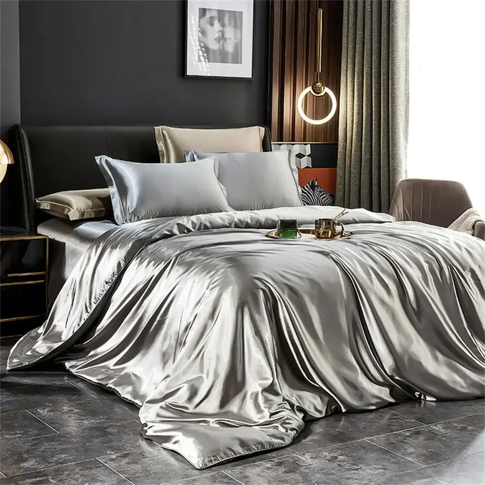 Silver satin DecorBites™ luxurious solid silk 3 pcs duvet cover set elegantly draped in modern bedroom setting