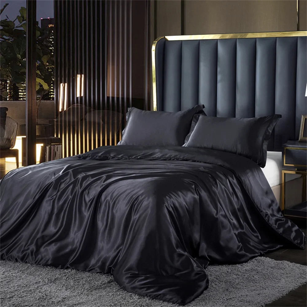 DecorBites™ luxurious solid silk black satin duvet cover set with matching pillows featuring elegant sheen and design
