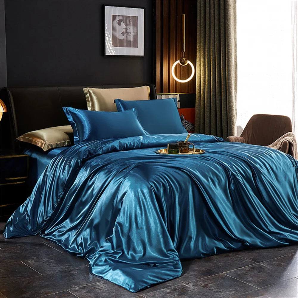 Decorbites™ luxurious solid silk duvet cover set in lustrous teal satin with gold-trimmed accent pillows for width bed