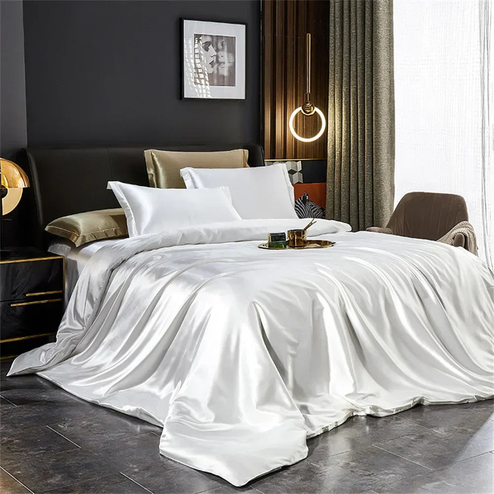 White satin duvet cover with smooth glossy finish from DecorBites™ luxurious solid silk bedding set in various widths bed