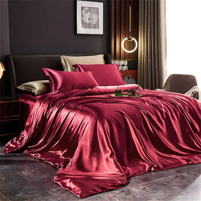 Rich burgundy satin duvet cover from decorbites™ luxurious solid silk bedding set with glossy finish available in various widths