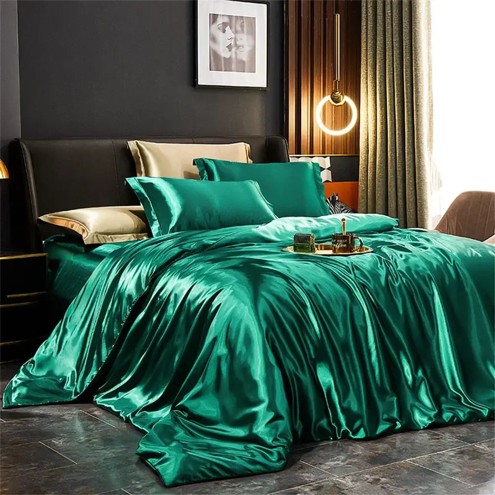 Lush emerald green satin decorbites™ bedding set with matching pillows and coordinating duvet cover for width bed sizes