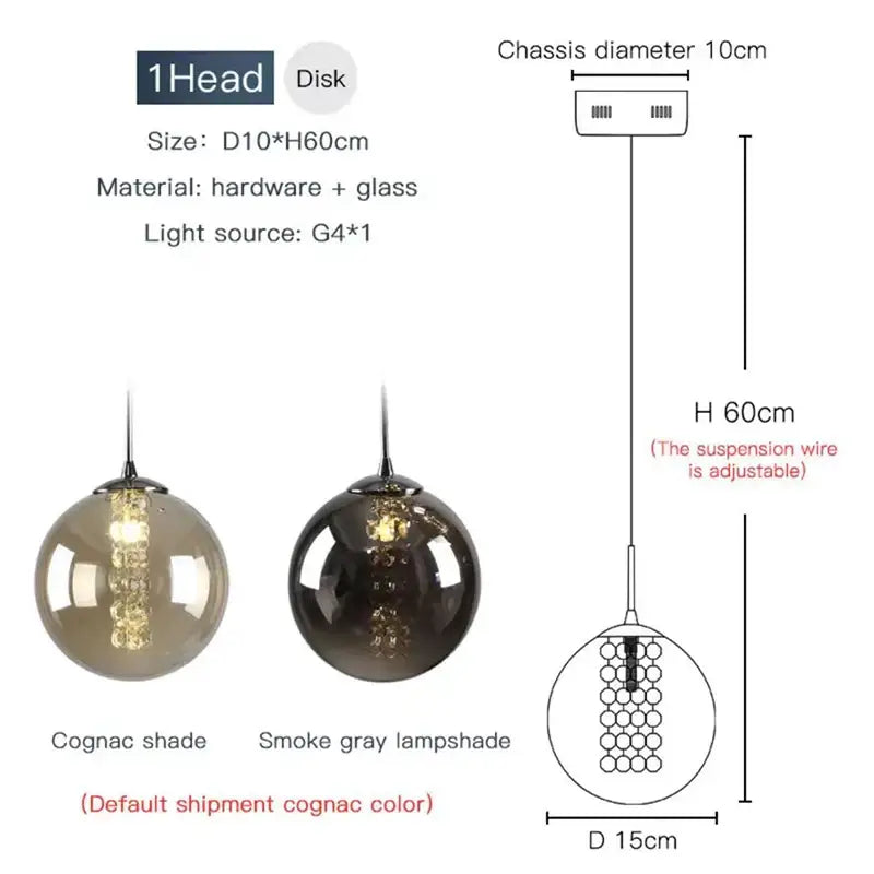 Cognac shade spherical pendant light with glass disc lampshade and hardware frame for luxurious spiral led chandelier