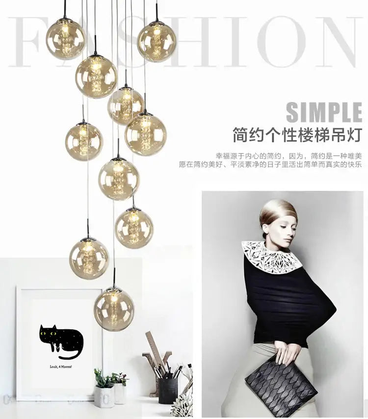 Gold-toned spherical glass pendant lights with a luxurious spiral led design for modern loft chandelier decorbites