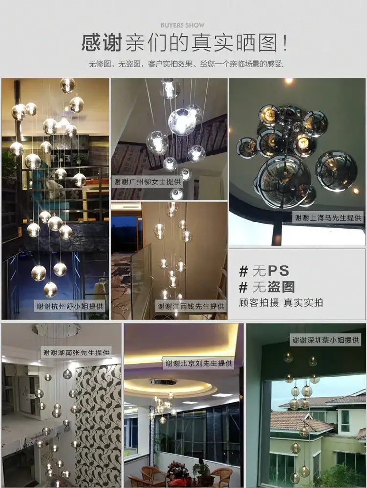 Modern loft chandelier featuring luxurious spiral led spherical glass lights with metallic hanging chains for home and hotel