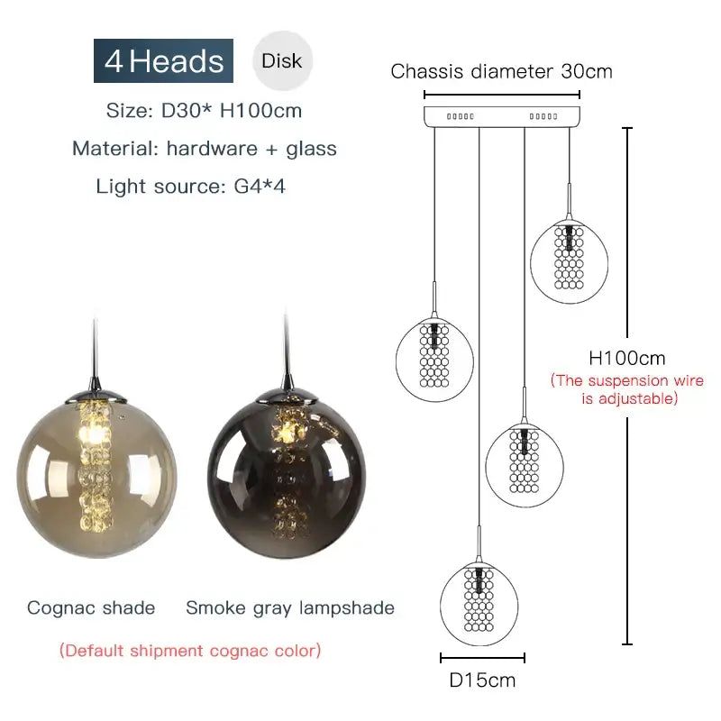 Modern loft chandelier decorbites™ luxurious spiral led four-head pendant light with cognac glass lampshades and sleek hardware