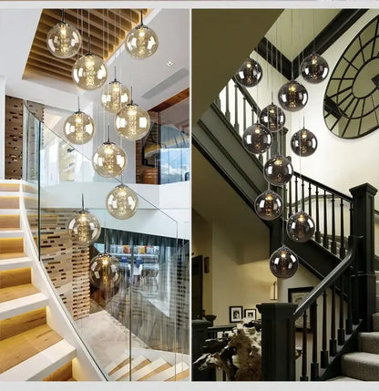 Modern loft chandelier DecorBites™ luxurious spiral LED spherical glass pendant lights with warm glowing interiors and metallic fixtures