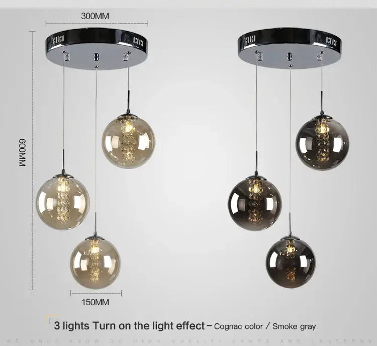 Modern loft chandelier by decorbites featuring three cognac and smoke gray glass globes with a spiral led design